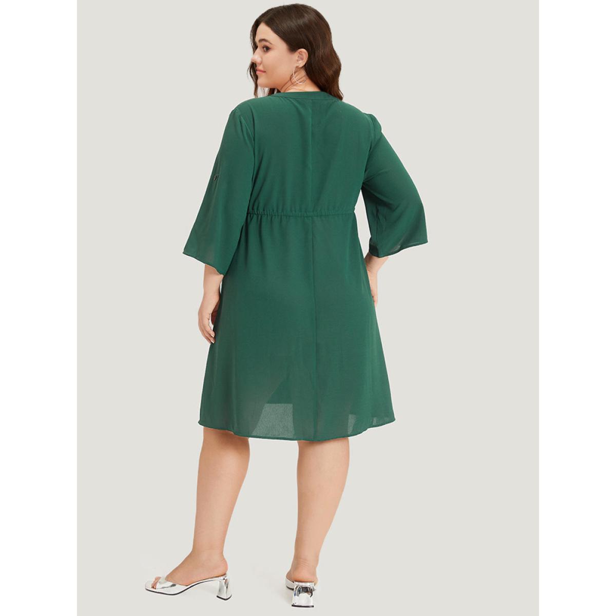 Plus Size Plain Drawstring Pocket Zipper Notched Gathered Tab Sleeve Dress Green Women Office Zipper Notched collar Half Sleeve Curvy Knee Dress BloomChic 18-20/2X Product Image