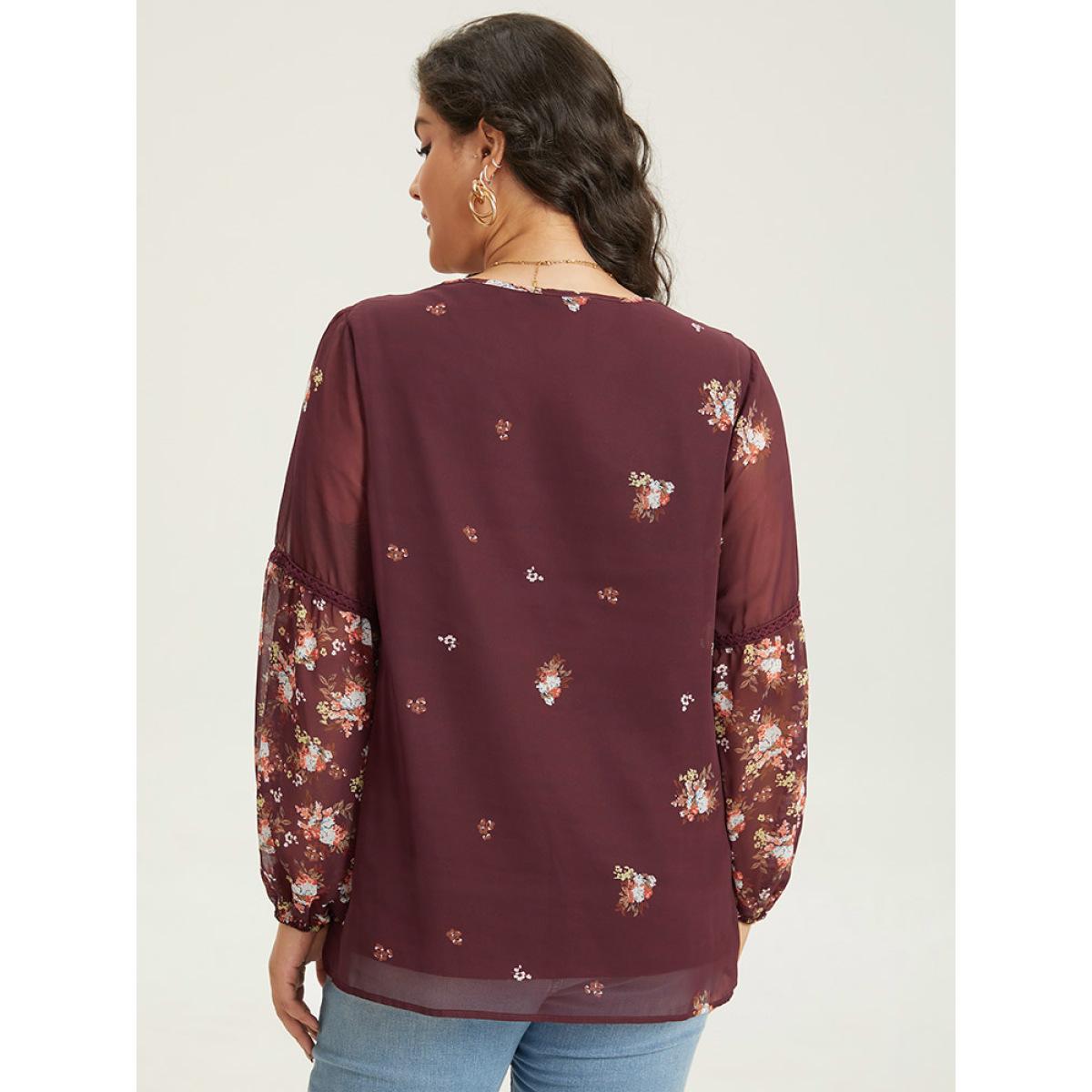 Plus Size Scarlet Floral Print Mesh Lace Patchwork Lantern Sleeve Blouse Women Elegant Long Sleeve V-neck Dailywear Blouses BloomChic 18-20/2X Product Image