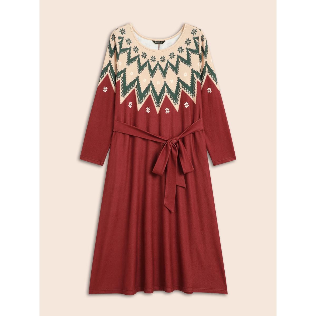 Plus Size Fair Isle Yoke Waist-Tie Midi Dress Burgundy Women Casual Belted Party Curvy Bloomchic 14-16/1X Product Image