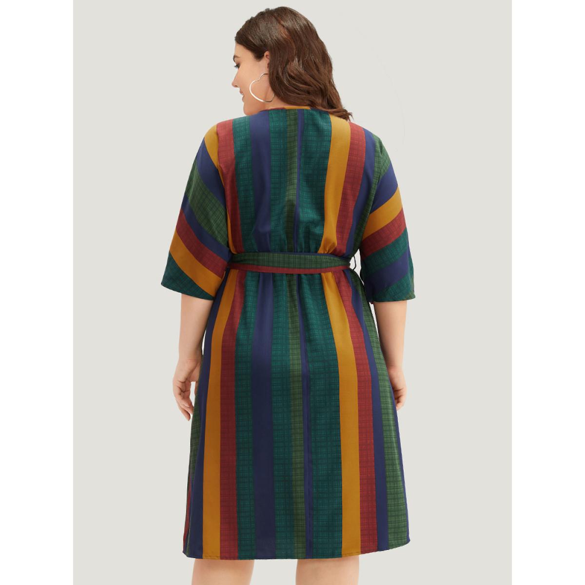 Plus Size Colour Striped Contrast Belted Dress Multicolor Women Office Belted V-neck Half Sleeve Curvy Midi Dress BloomChic 22-24/3X Product Image