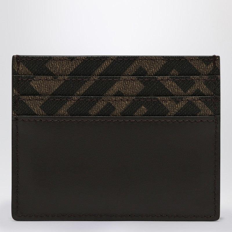 FENDI Brown Card-holder With Squared Ff Motif In Leather And Ff Canvas Man In Ebony Product Image