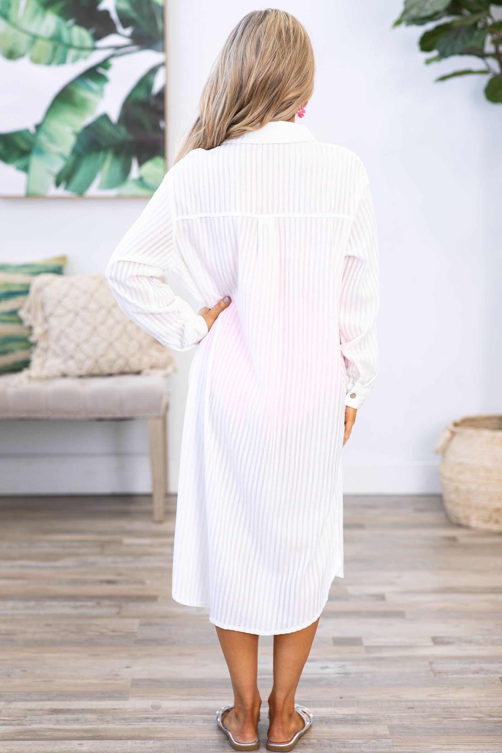 White Striped Button Up Long Sleeve Cover Up Product Image