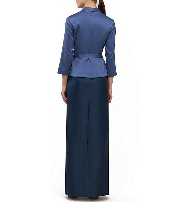 Kay Unger Annabeth V-neck 3/4 sleeve Belted Two Tone Stretch Mikado Column Gown Product Image
