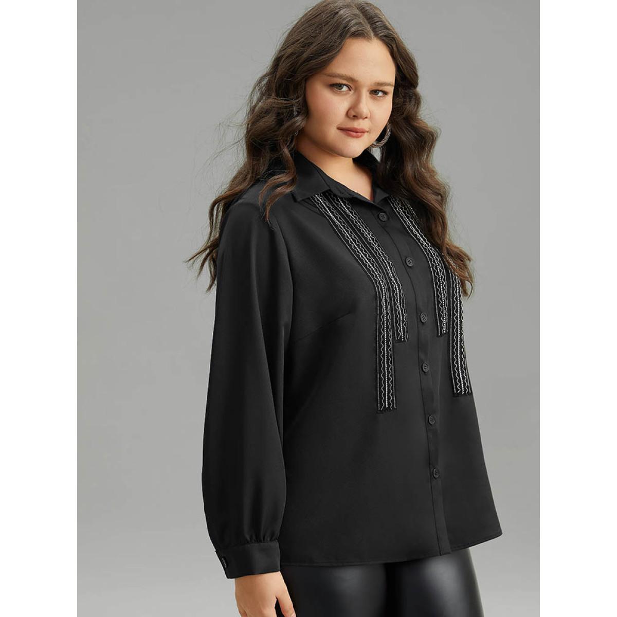 Plus Size Black Twill Rhinestone Contrast Webbing Button Through Blouse Women Glamour Long Sleeve Shirt collar Going out Blouses BloomChic 12/L Product Image
