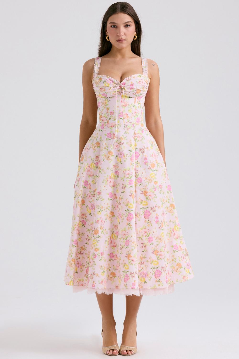 Rosalee  pink meadow print cotton bustier sundress Product Image