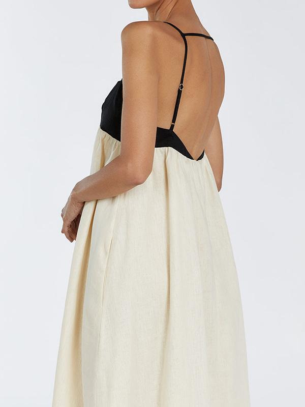 A-Line Loose Contrast Color Pleated Split-Joint Spaghetti-Neck Maxi Dresses Product Image