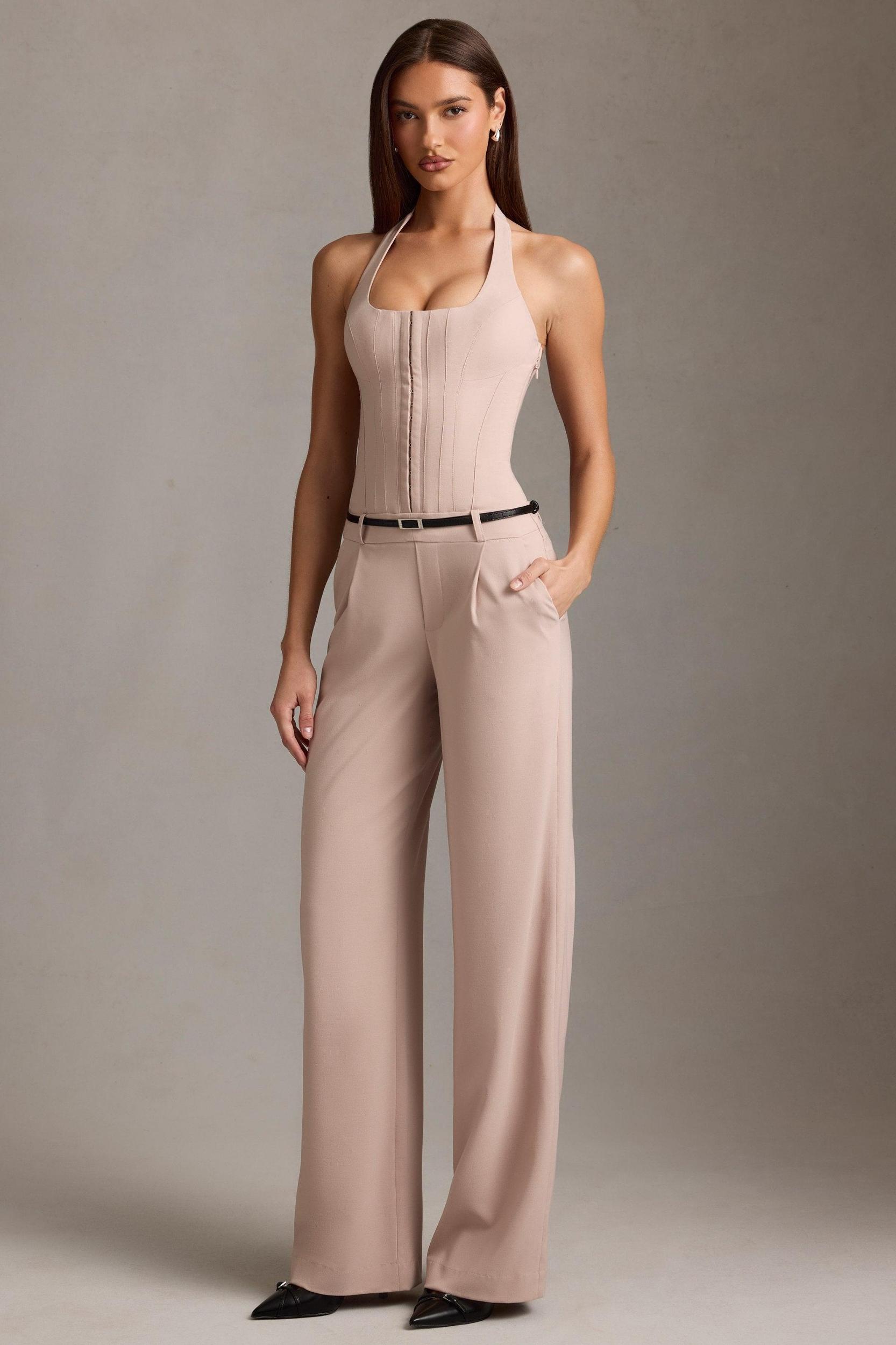 Corset-Detail Halterneck Jumpsuit in Mushroom Product Image