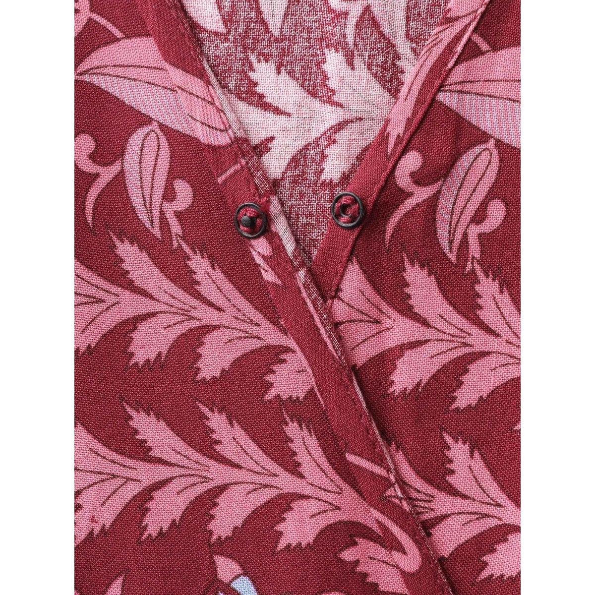 Plus Size Rayon Boho Floral Shirred Waist Midi Dress Burgundy Women Boho Shirred Overlap Collar Half Sleeve Curvy BloomChic 18-20/2X Product Image