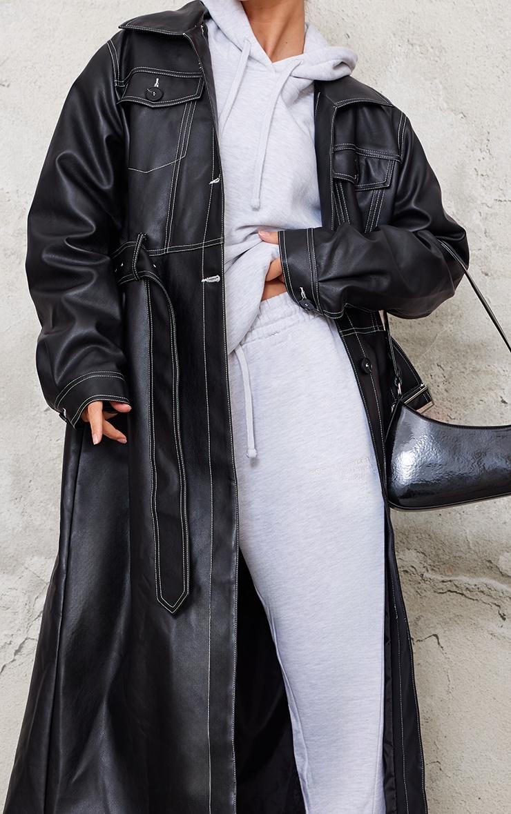 Black Faux Leather Contrast Stitch Split Hem Trench Coat Product Image