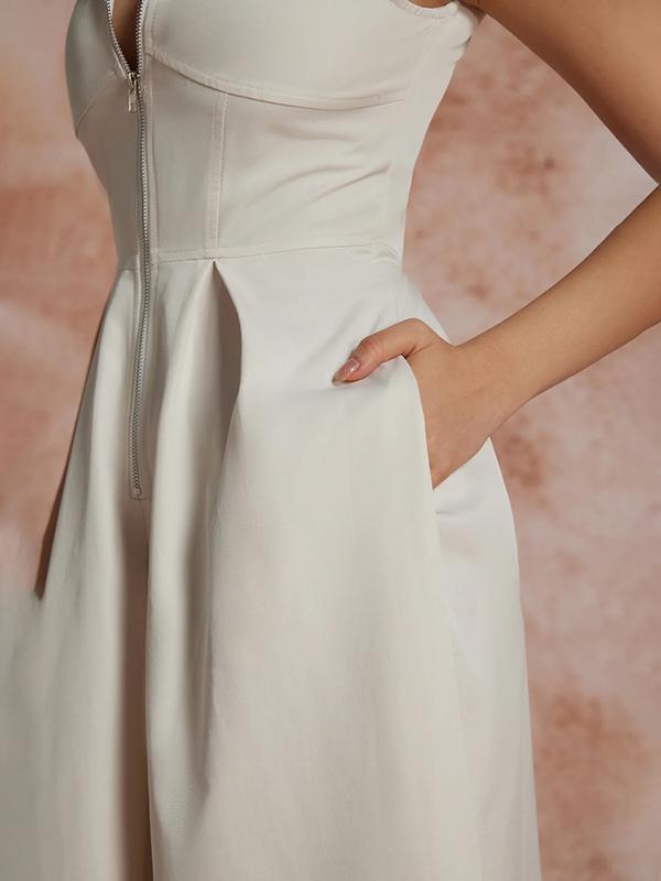 High Waisted Loose Pockets Solid Color Zipper V-Neck Jumpsuits Product Image