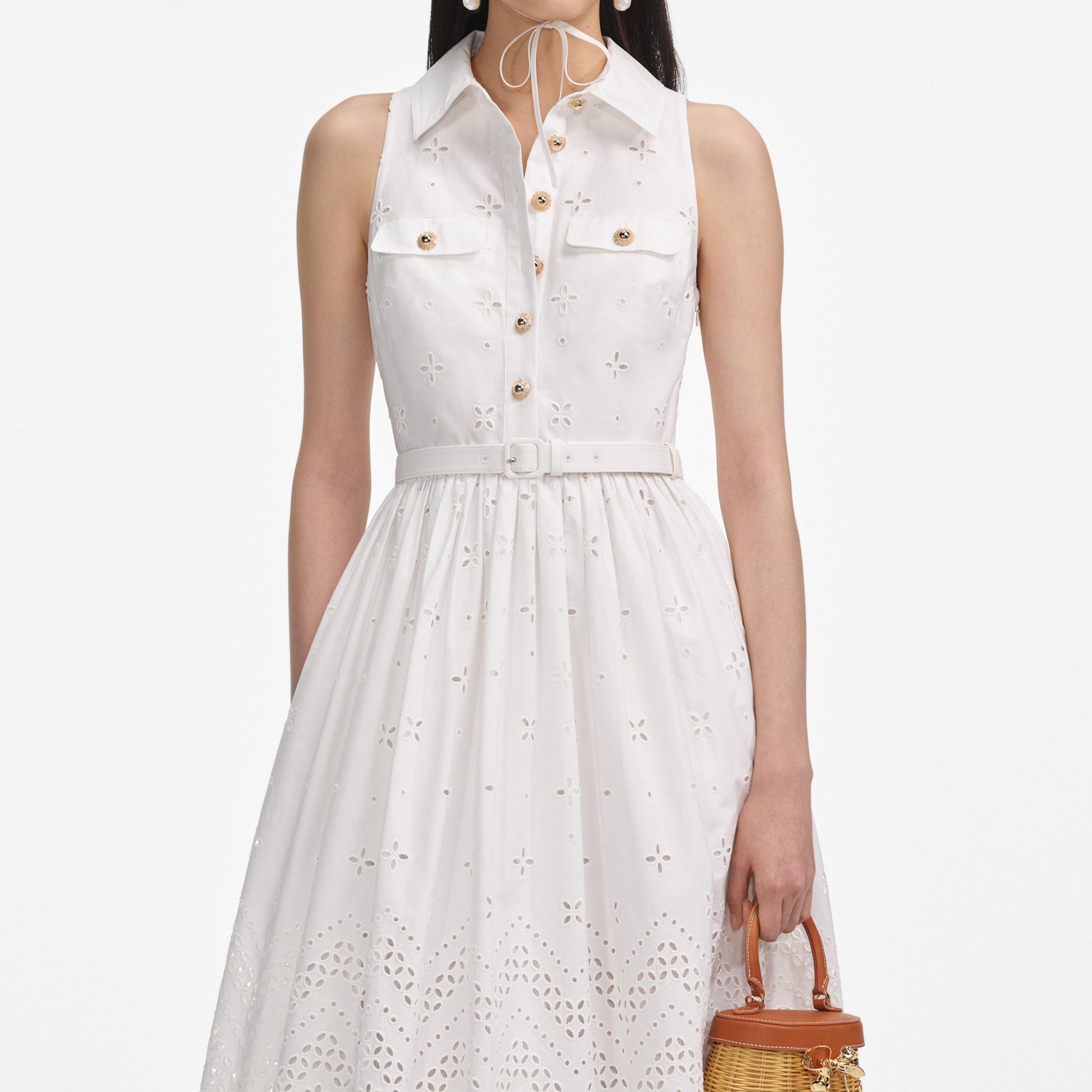 White Cotton Broderie Collared Midi Dress Product Image