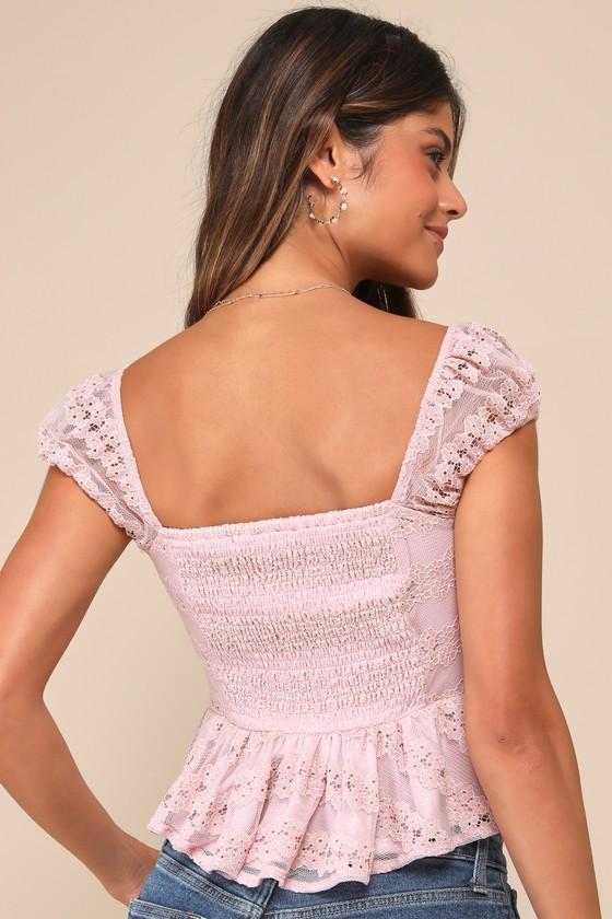 Typically Charming Dusty Rose Mesh Lace Floral Cap Sleeve Top Product Image
