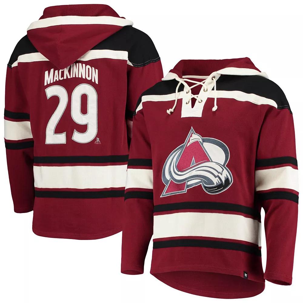 Men's '47 Nathan MacKinnon Burgundy Colorado Avalanche Player Name & Number Lacer Pullover Hoodie,  Product Image