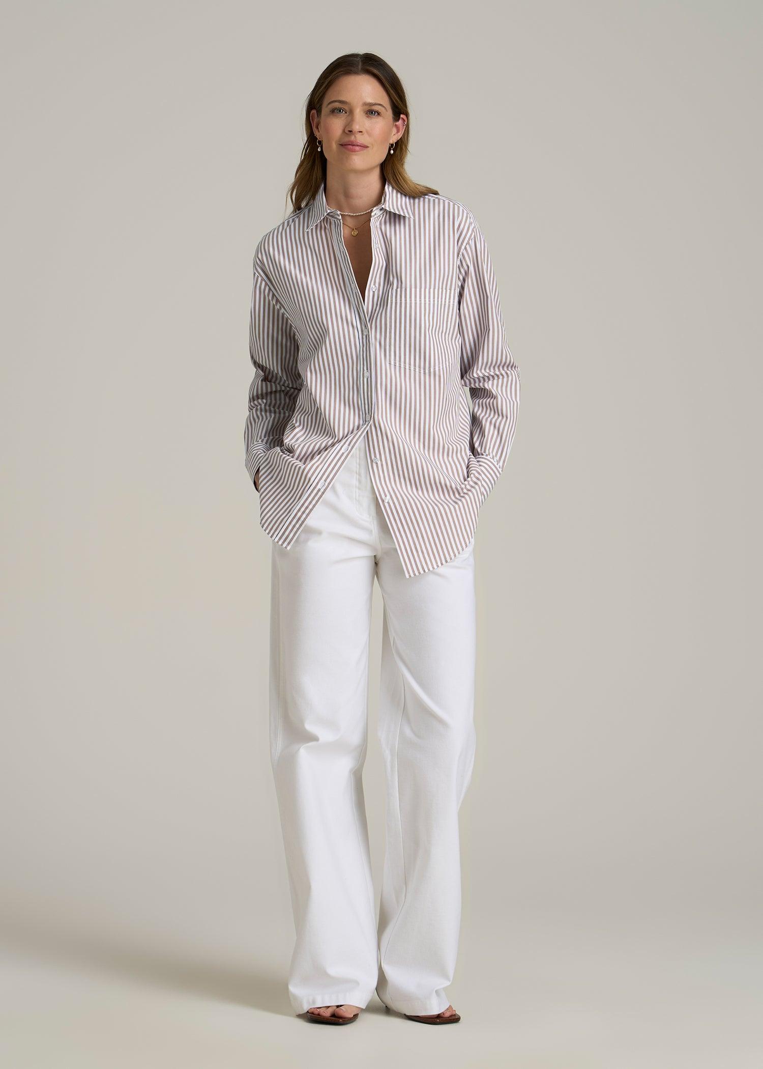 Relaxed Poplin Button-Up Shirt for Tall Women in Brown and White Stripe Female Product Image