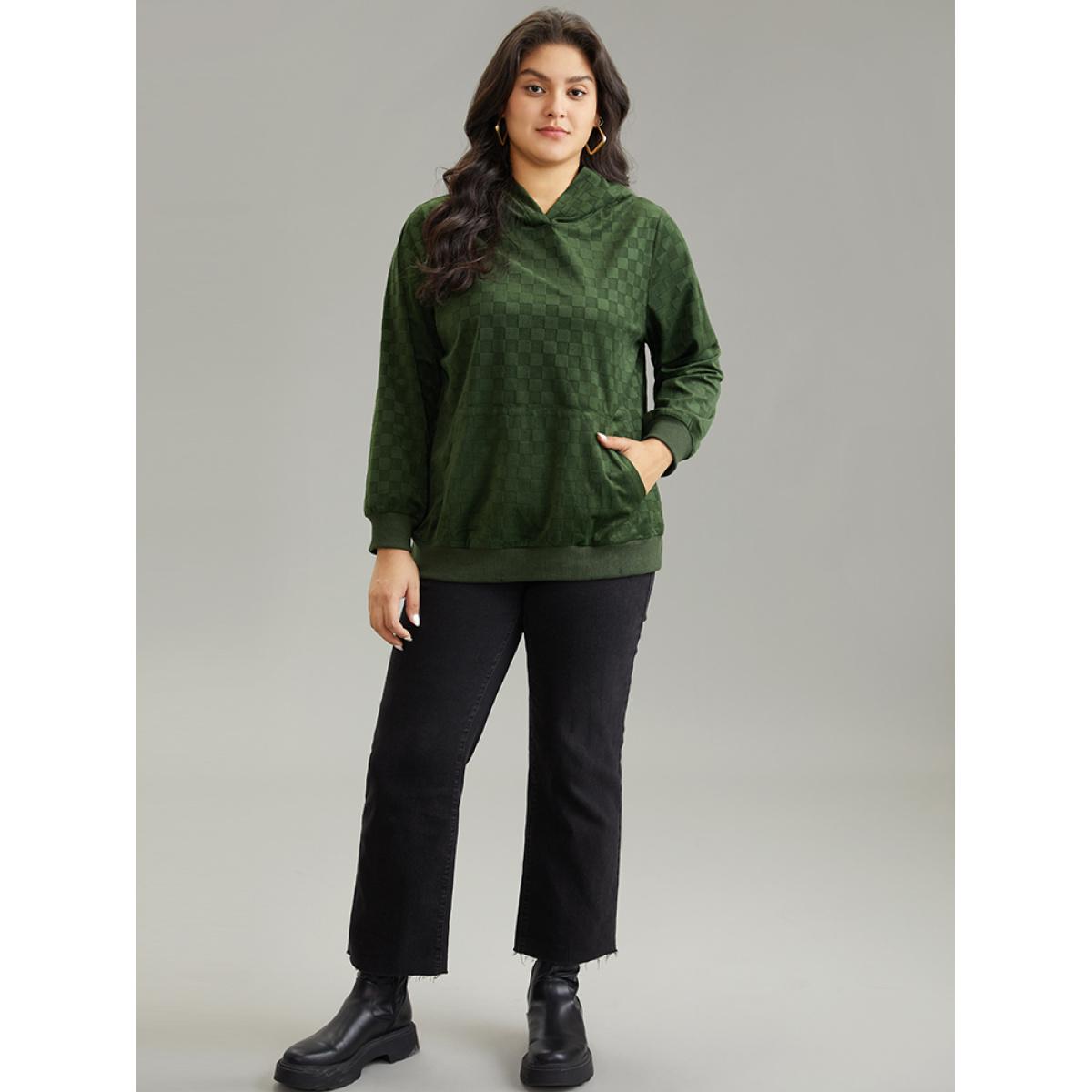 Plus Size Solid Velvet Checkered Hooded Pocket Sweatshirt Women Green Casual Texture Hooded Dailywear Sweatshirts BloomChic 14-16/1X Product Image