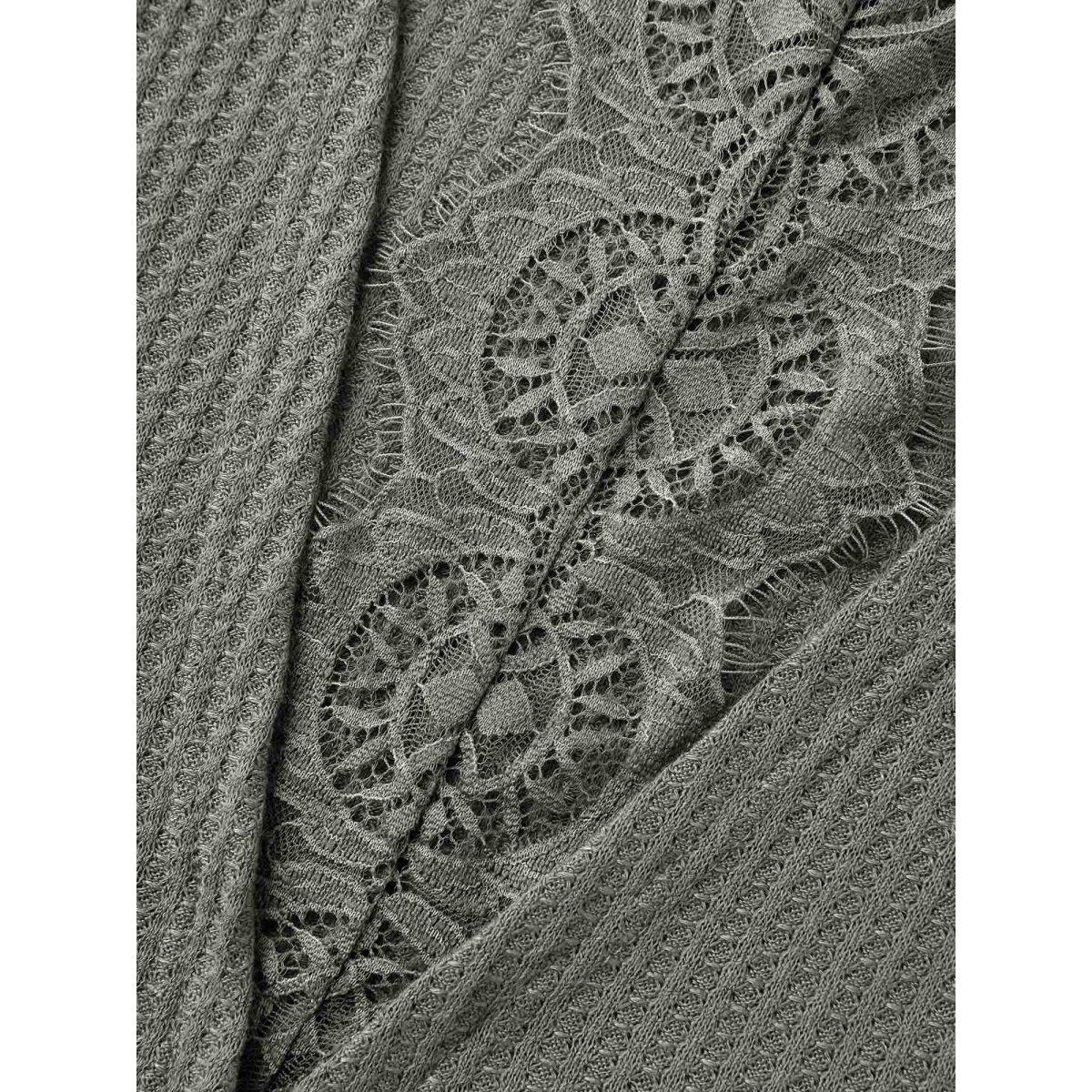 Plus Size Backless Lace Crossover Solid T-Shirt DimGray Women Leisure Twist Plain Round Neck Casual T-shirts BloomChic 26/4X Product Image