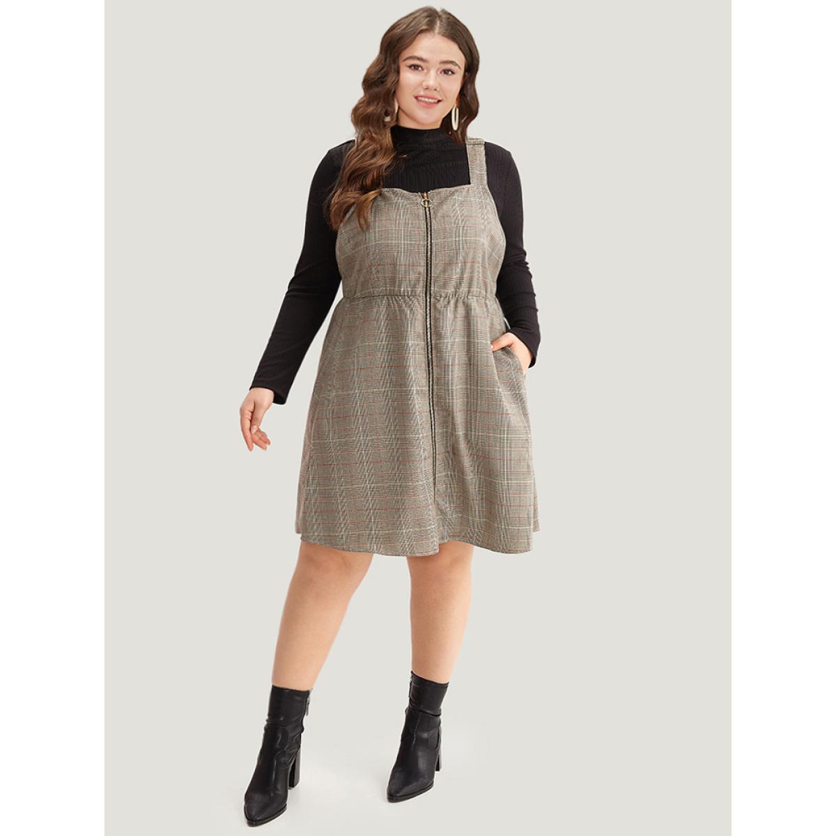 Plus Size Plaid Zipper Fly Pocket Cami Dress Black Women Elegant Adjustable Straps Spaghetti Strap Sleeveless Curvy Knee Dress BloomChic 18-20/2X Product Image