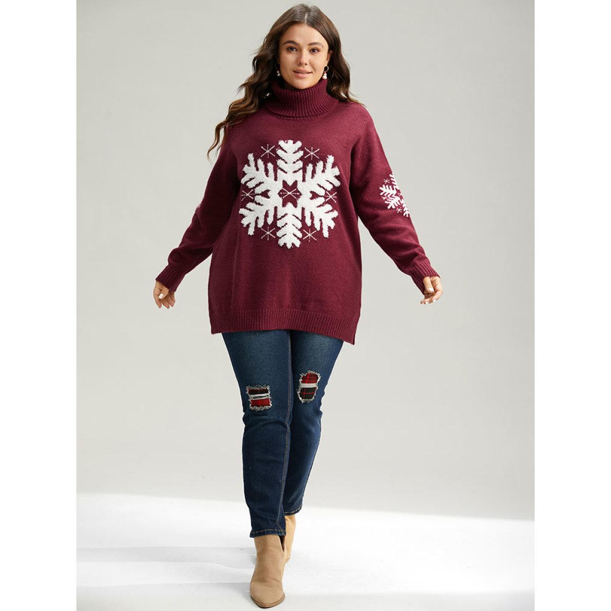 Plus Size Snowflake Turtle Neck Fuzzy Pullover Scarlet Women Casual Loose Long Sleeve Turtleneck Festival-Christmas Pullovers BloomChic 10/M Product Image