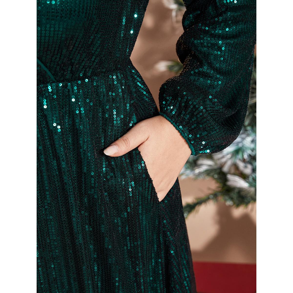 Plus Size Solid Pocket Lantern Sleeve Wrap Sequin Dress DarkGreen Women Party&Cocktail Pocket Overlap Collar Long Sleeve Curvy Midi Dress BloomChic 30/6X Product Image
