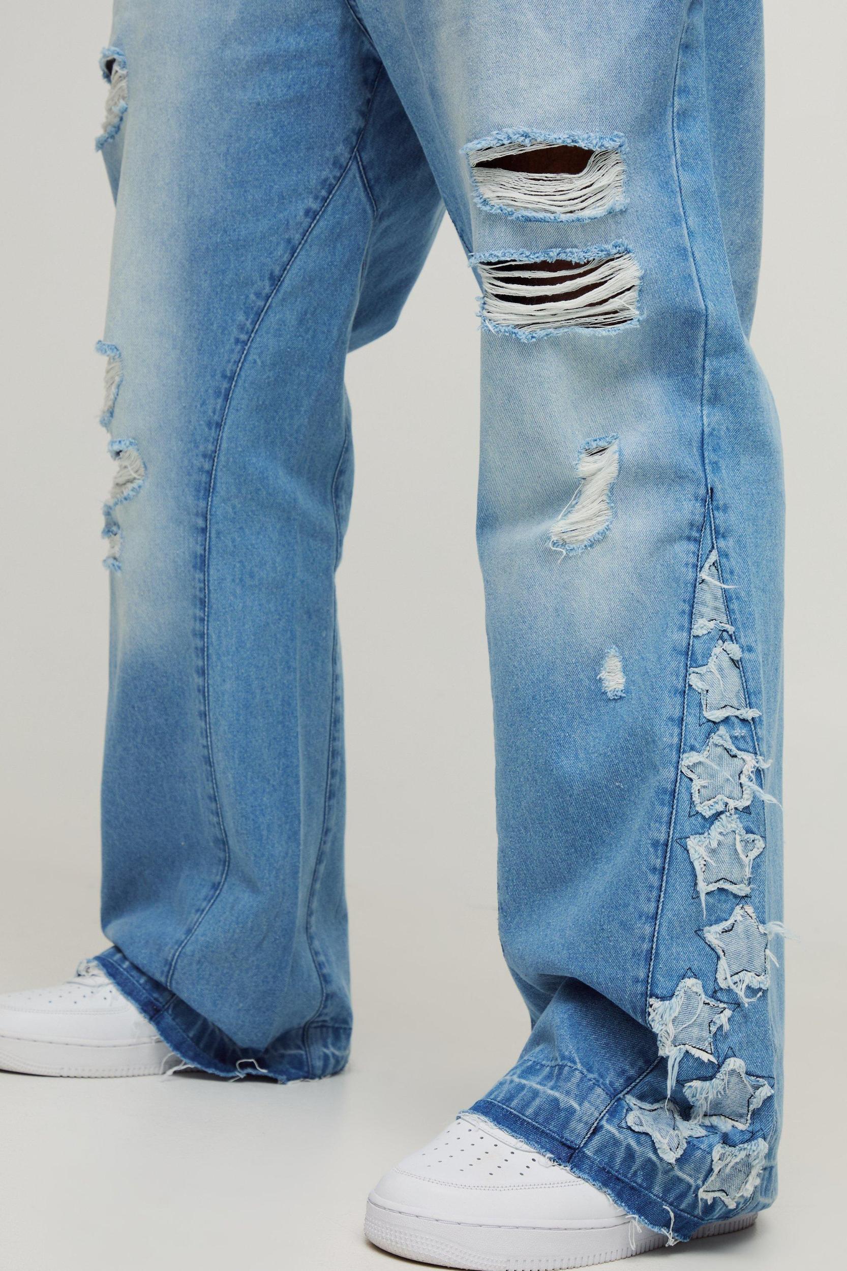 Plus Star Applique Gusset Distressed Flared Jeans | boohooMAN USA Product Image
