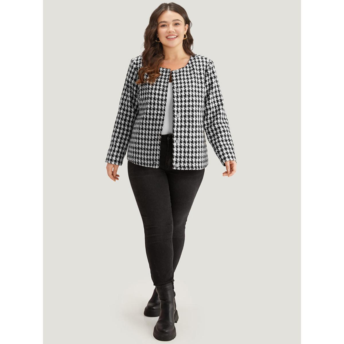 Plus Size Houndstooth Button Through Blazer Women Black Casual Texture Ladies Dailywear Winter Coats BloomChic 10/M Product Image