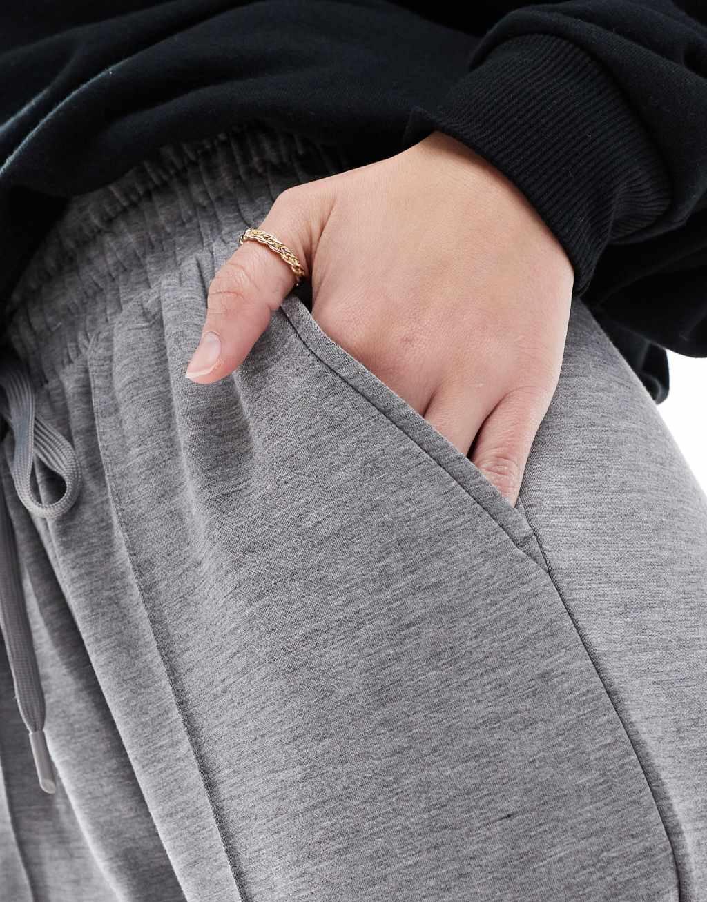 Bershka tie waist wide leg sweatpants in dark gray Product Image