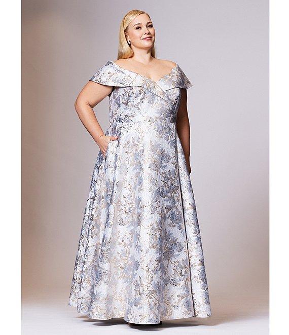 Xscape Plus Size Off-the-Shoulder Sweetheart Neck Short Sleeve Brocade Ball Gown Product Image