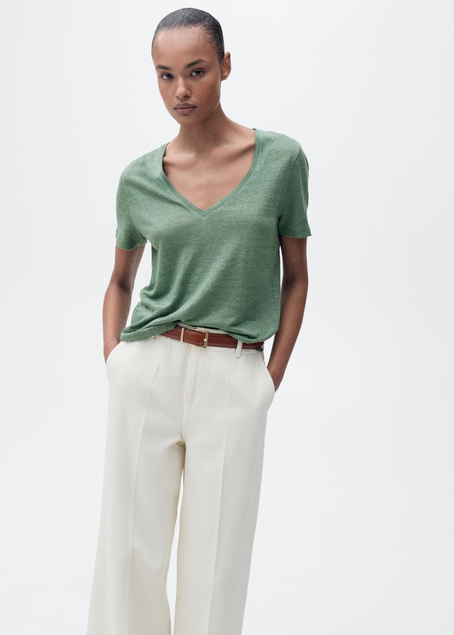 V-neck linen t-shirt - Women | MANGO USA Product Image