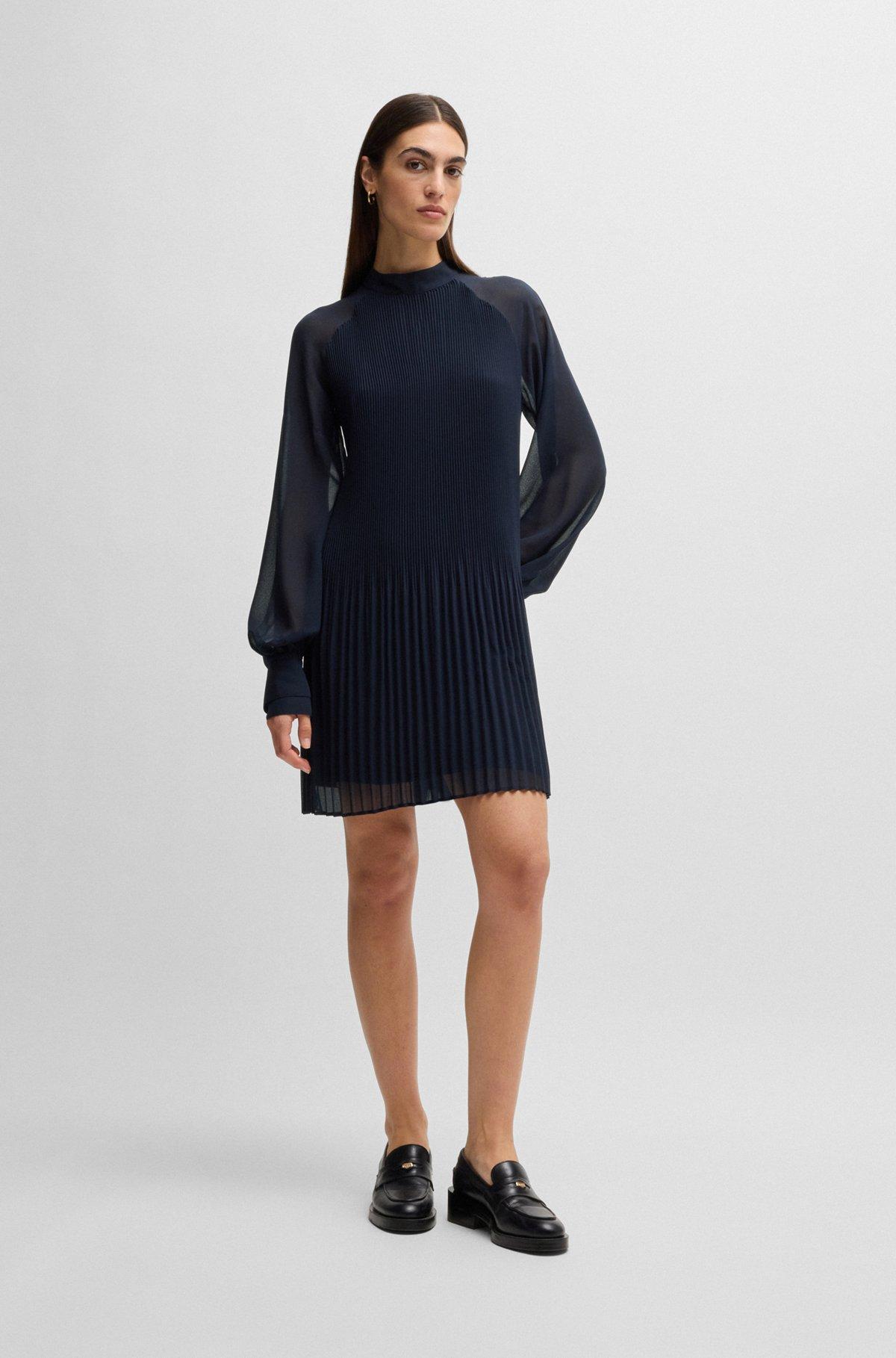 BOSS - High-neck dress with plissé pleats and sheer sleeves - Dark Blue Product Image