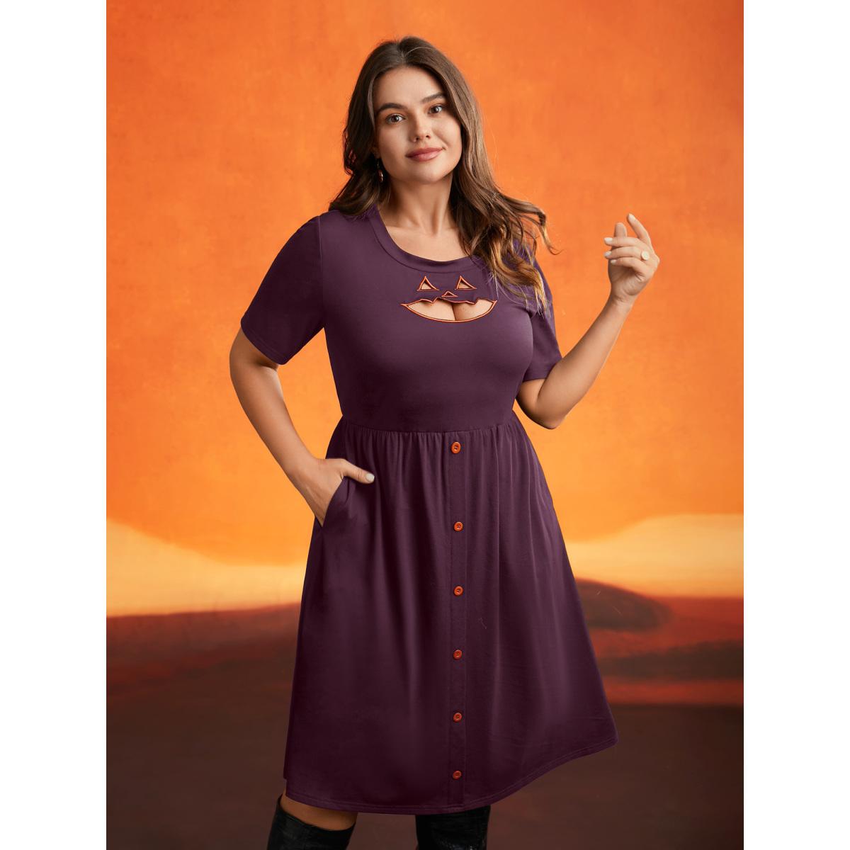Plus Size Stretch Fabric Pumpkin Cut Out Midi Dress Deeppurplered Women Playful Button Party Curvy Bloomchic 10/M Product Image