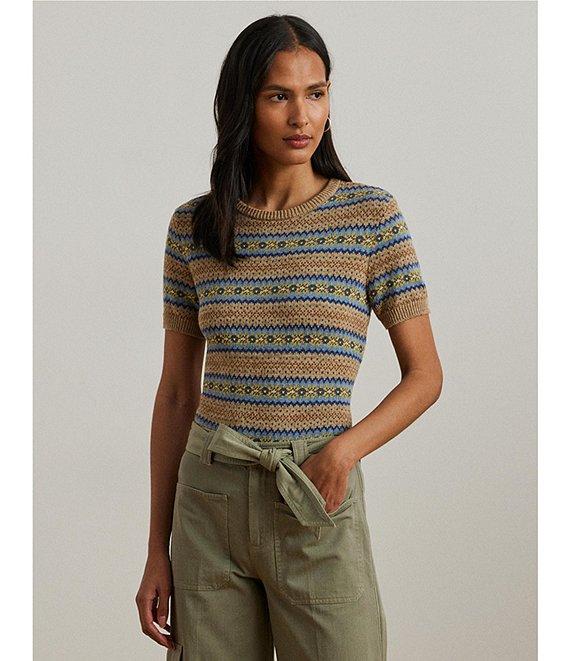 Lauren Ralph Lauren Petite Size Cotton-Blend Printed Ribbed Crew Neck Short Sleeve Sweater Product Image