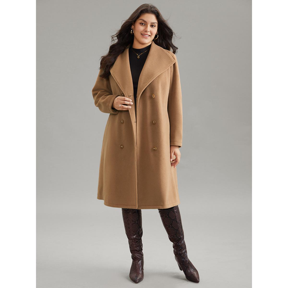 Plus Size Double Breasted Plain Belted Pocket Lapel Collar Coat Women Tan Casual Lined Ladies Dailywear Winter Coats BloomChic 28/5X Product Image