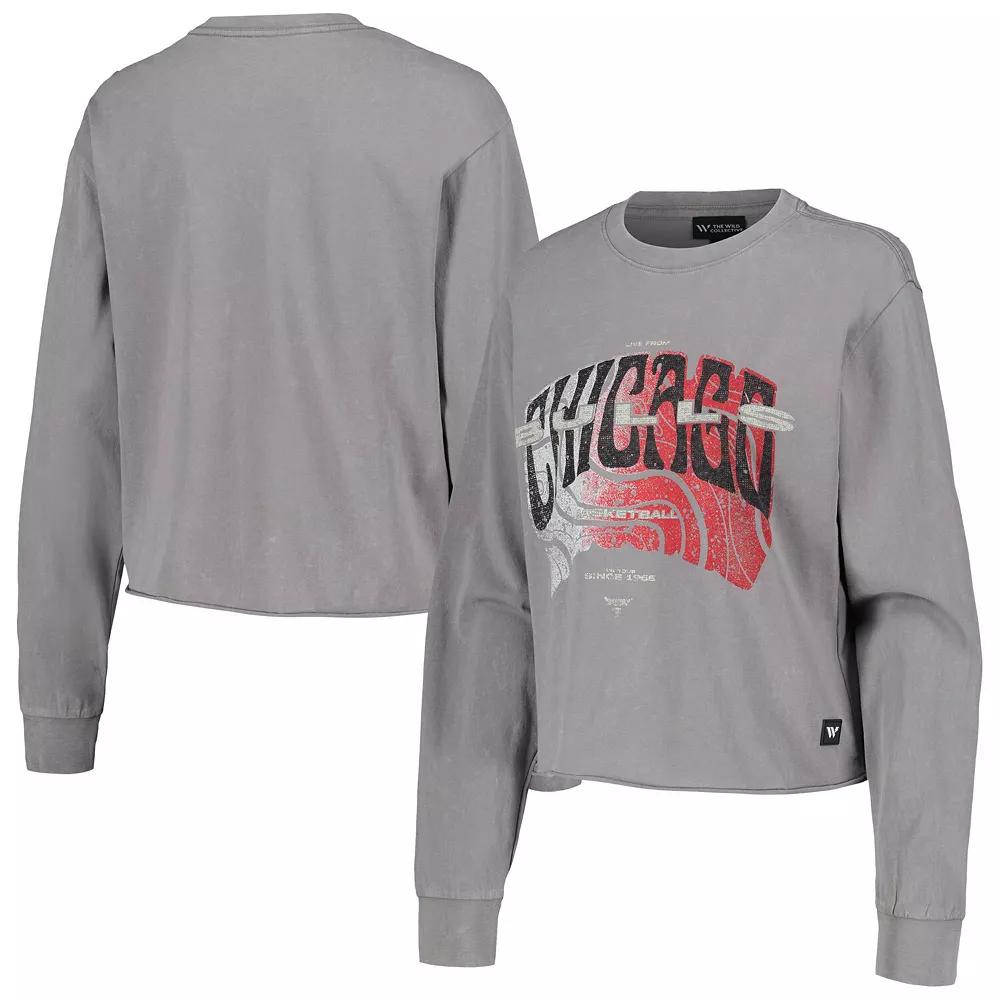 Women's The Wild Collective Gray Chicago Bulls Band Cropped Long Sleeve T-Shirt,  Product Image