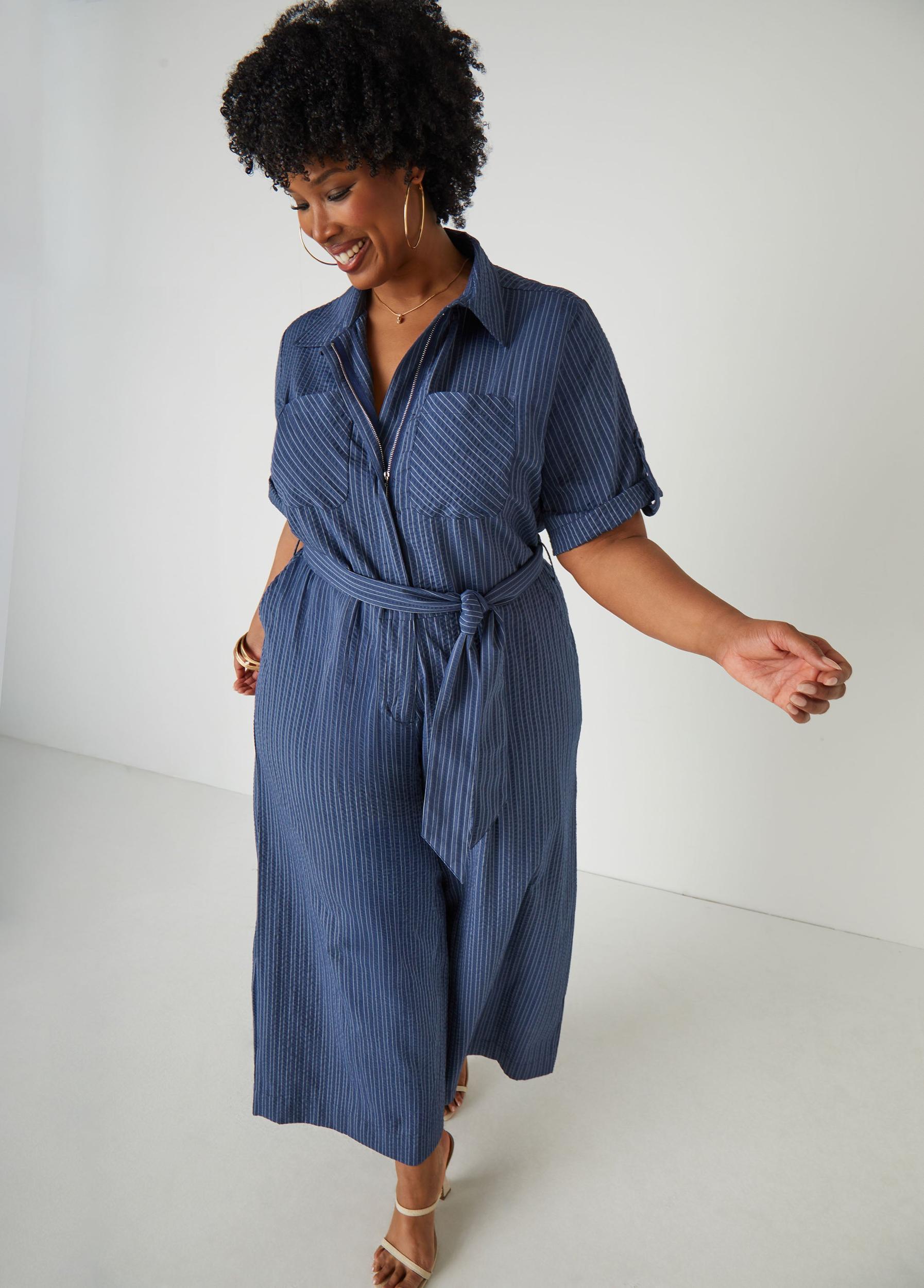Striped Chambray Wide Leg Jumpsuit Product Image