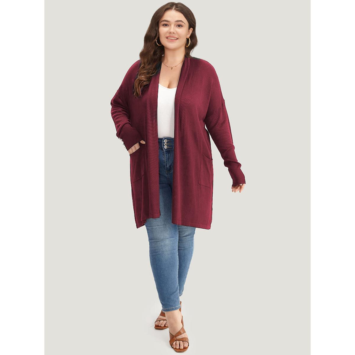 Plus Size Supersoft Essentials Button Detail Lapel Collar Cardigan Burgundy Women Basics Loose Long Sleeve Everyday Cardigans BloomChic 18-20/2X Product Image