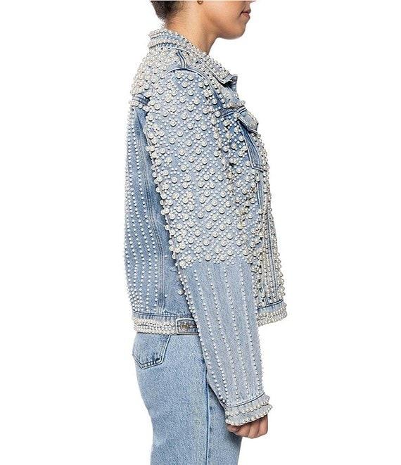 Azalea Wang Alara Pearl Embellished Collared Cropped Denim Jacket Product Image