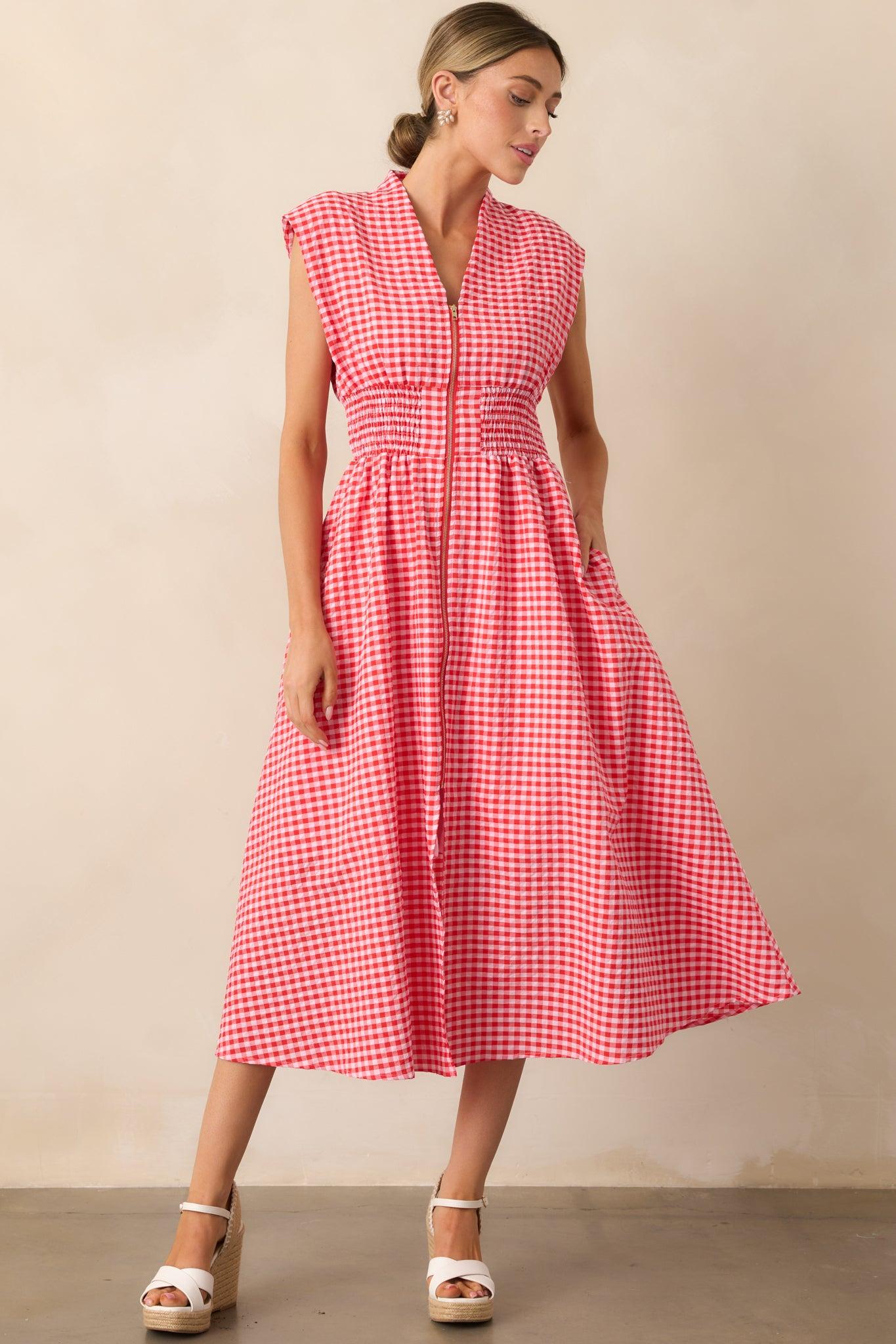 The Evette Red Gingham Zip Front Midi Dress Product Image