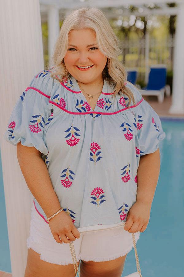 Joyful Bloom Floral Embroidered Top in Sky Blue Curves Product Image