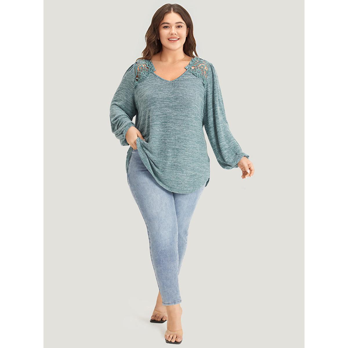 Plus Size Lace Insert Curved Hem Lantern Sleeve Sweatshirt Women Cyan Elegant Elastic cuffs V-neck Dailywear Sweatshirts BloomChic 30/6X Product Image