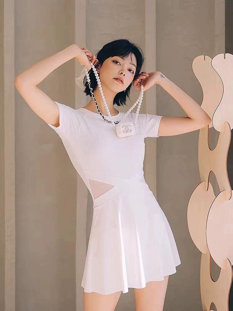 Short-Sleeve Open Back Swim Dress Product Image