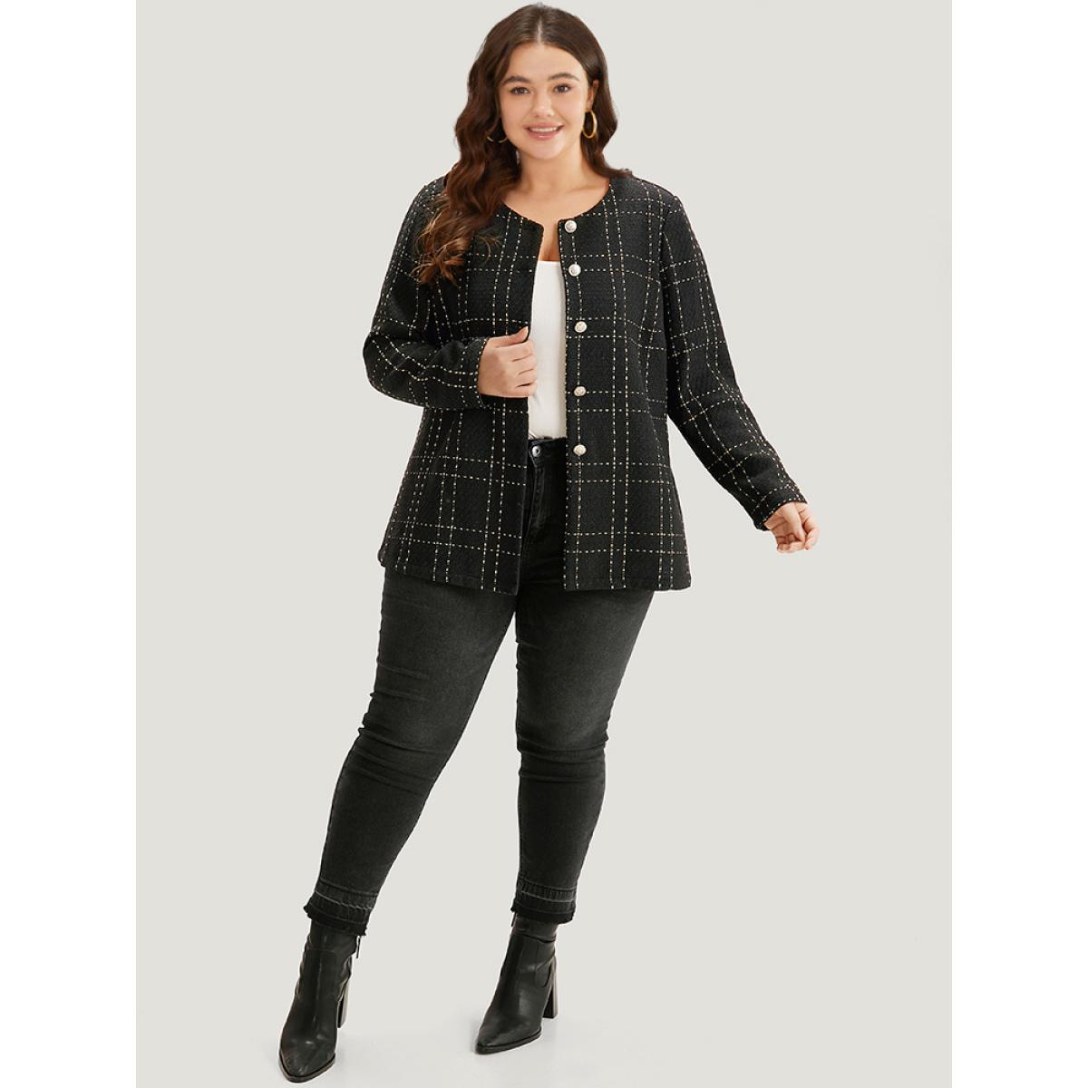 Plus Size Plaid Pattern Button Up Crew Neck Coat Women Black Casual Texture Ladies Dailywear Winter Coats BloomChic 14-16/1X Product Image