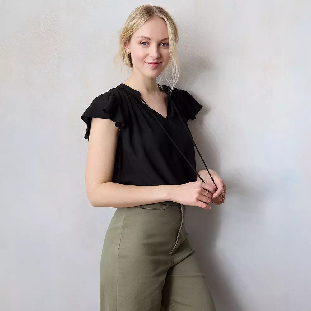 Women's LC Lauren Conrad Tie Front Ruffled V-Neck Shell, Size: XL, Black Product Image