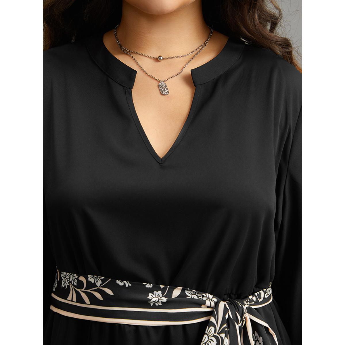 Plus Size Anti-Wrinkle Floral Print Belted Notched Dress Black Women At the Office Plain Notched collar Long Sleeve Curvy Knee Dress BloomChic 18-20/2X Product Image