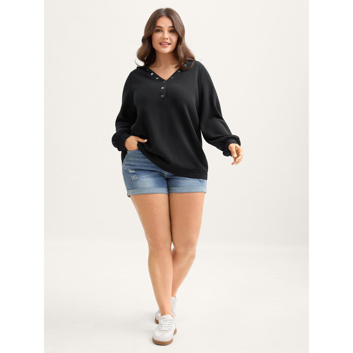 Plus Size Textured Snap Buttons Hooded Sweatshirt Women Black Leisure Texture Hooded Casual Sweatshirts BloomChic 18-20/2X Product Image