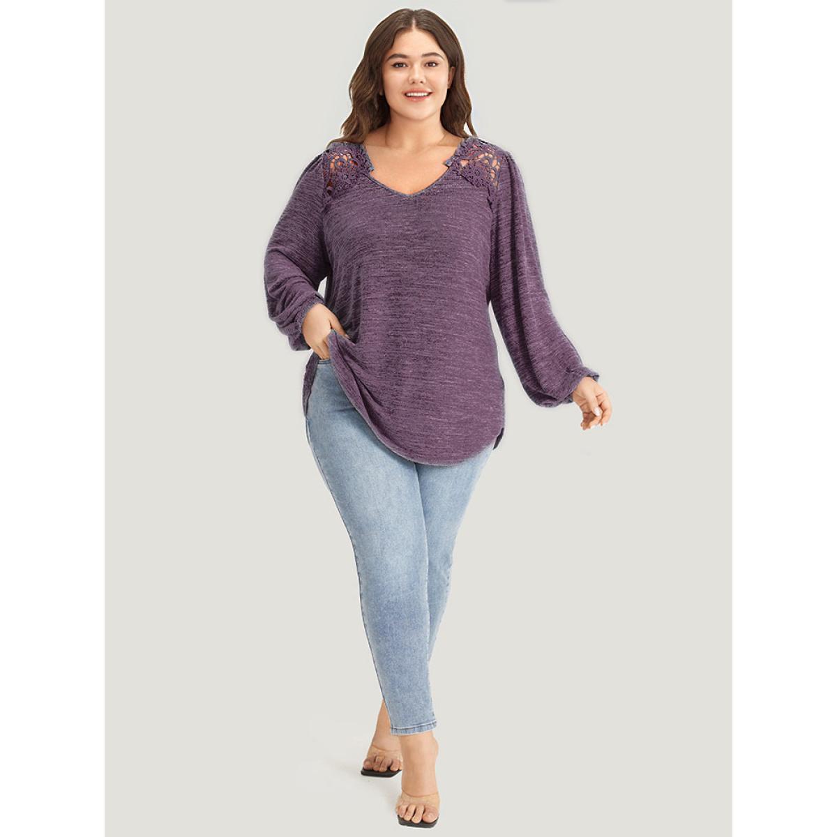 Plus Size Lace Insert Curved Hem Lantern Sleeve Sweatshirt Women Purple Elegant Elastic cuffs V-neck Dailywear Sweatshirts BloomChic 22-24/3X Product Image