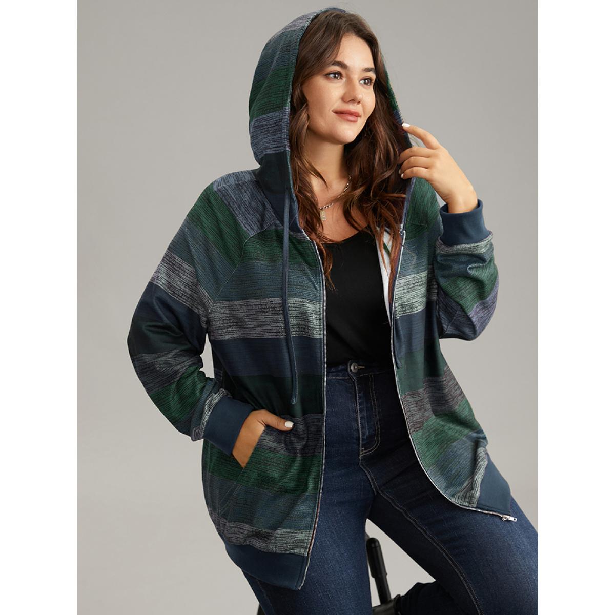 Plus Size Heather Colorblock Contrast Pocket Hooded Sweatshirt Women Green Casual Rib Knit Hooded Everyday Sweatshirts BloomChic 10/M Product Image