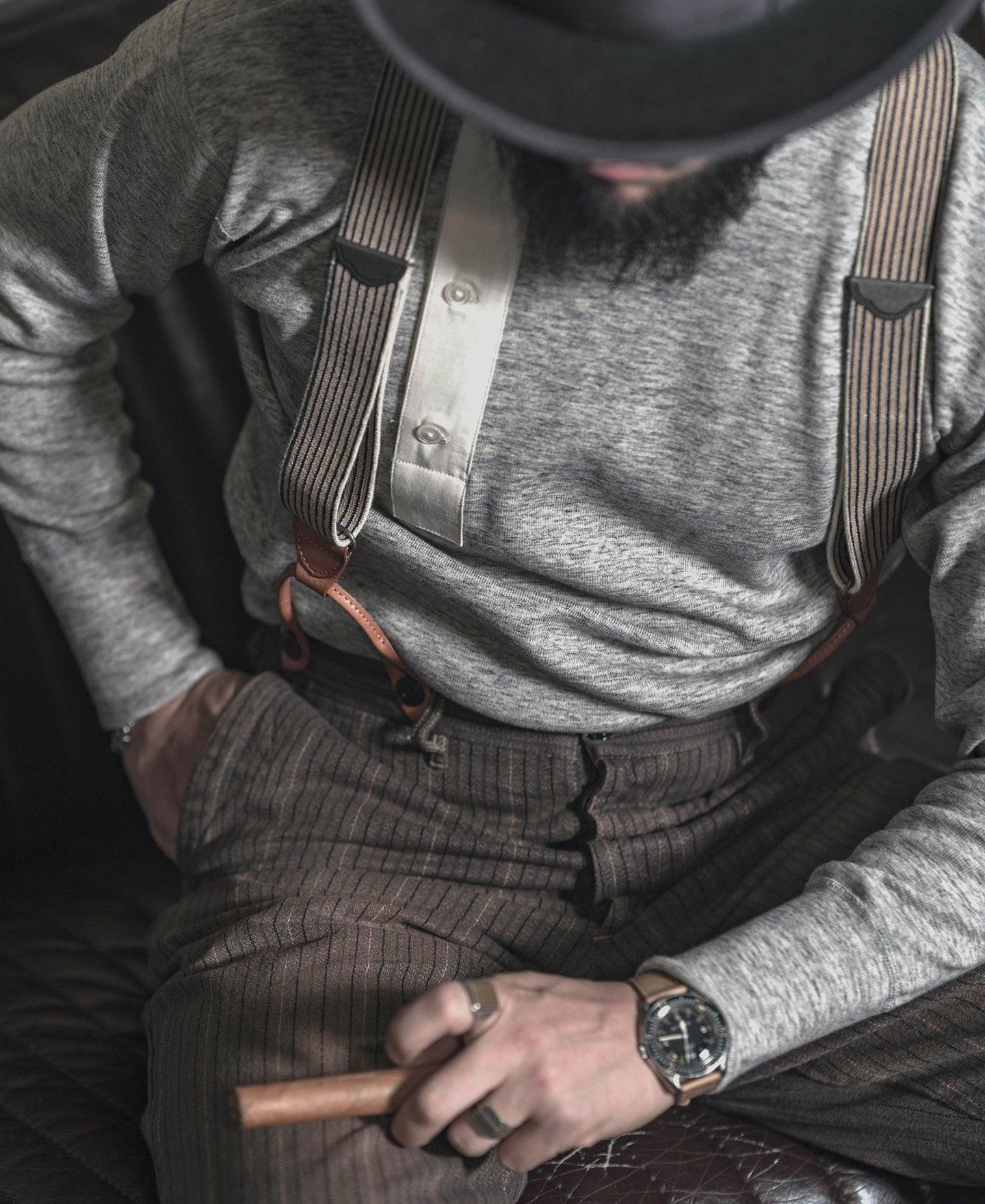 Old-Time Y-Back Leather Button Suspenders - Blue/Yellow Stripe Product Image