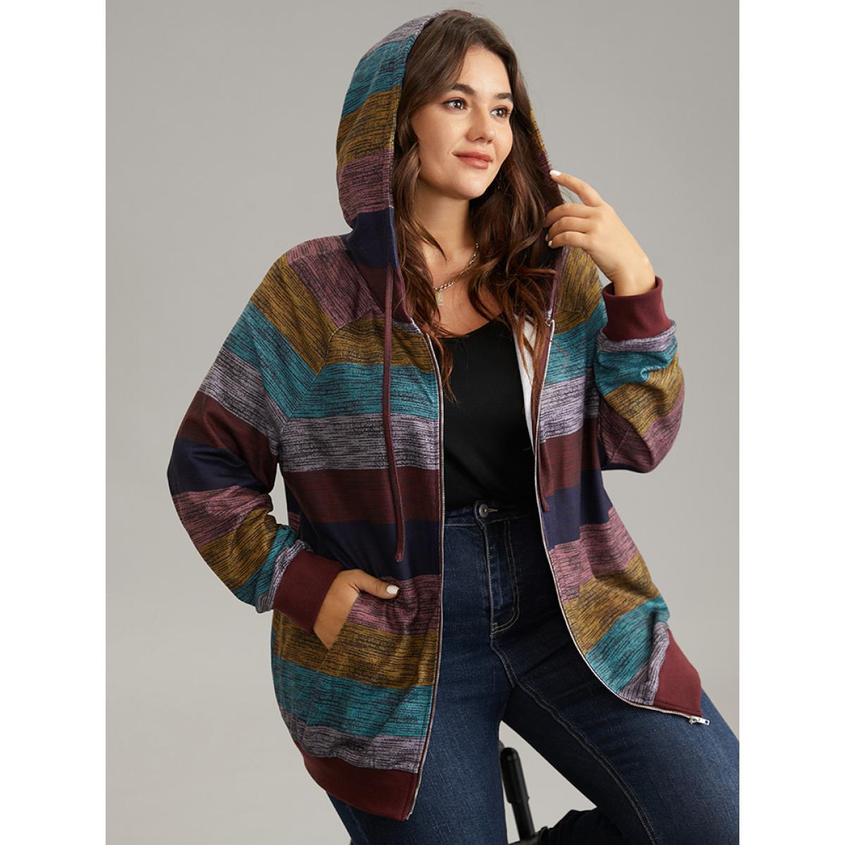Plus Size Heather Colorblock Contrast Pocket Hooded Sweatshirt Women Multicolor Casual Rib Knit Hooded Everyday Sweatshirts BloomChic 18-20/2X Product Image