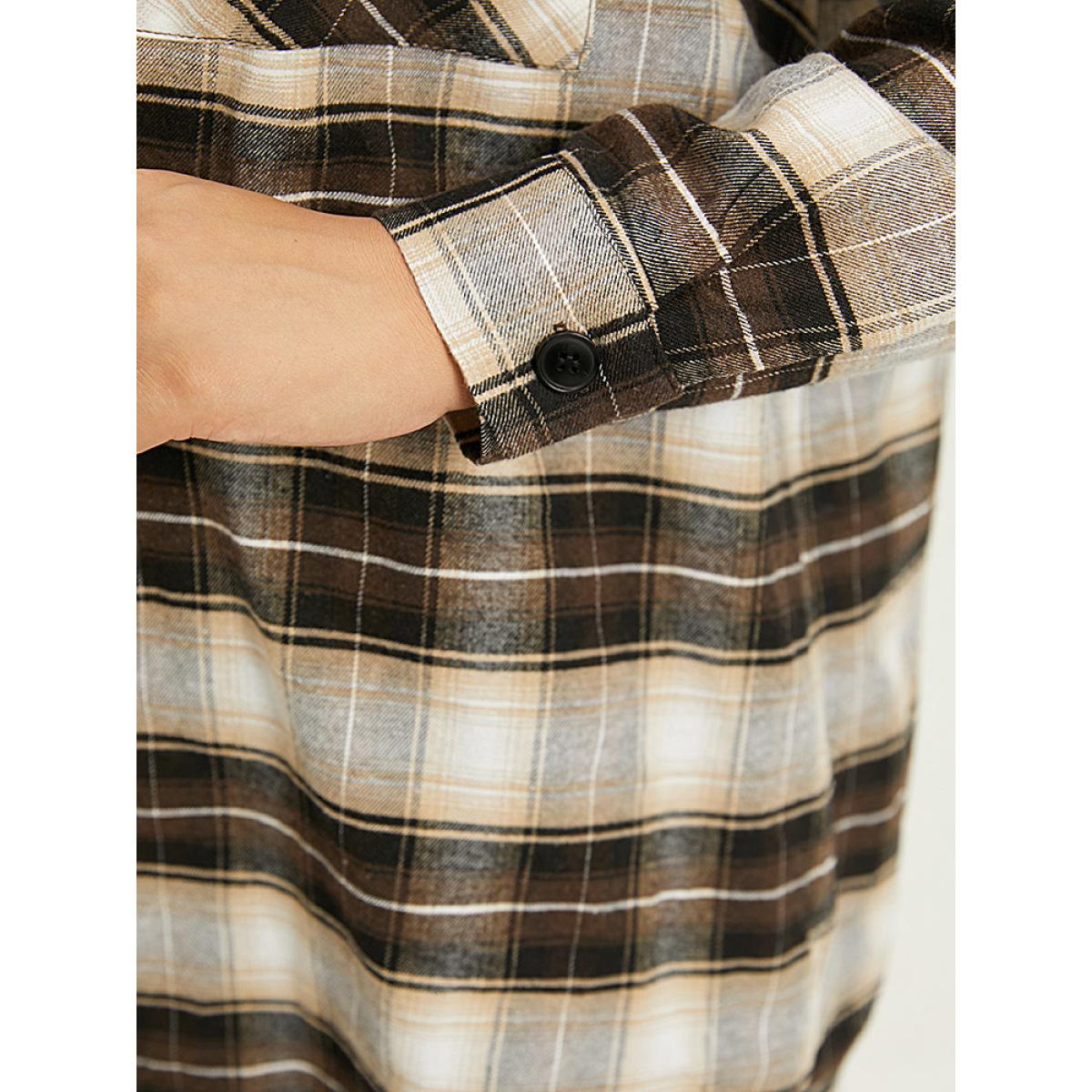 Plus Size Plaid Button Up Hooded Patchwork Shacket Women DarkBrown Contrast Pocket Everyday Jackets BloomChic 14-16/1X Product Image