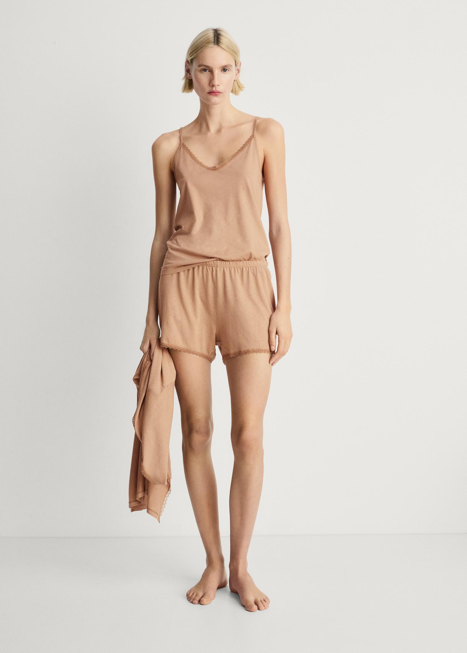 Cotton pajama top with lace contrast - Women | MANGO USA Product Image